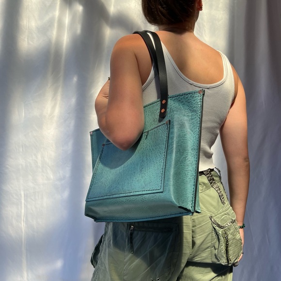 Handmade Turquoise Lether Tote Bag - Picture 5 of 11